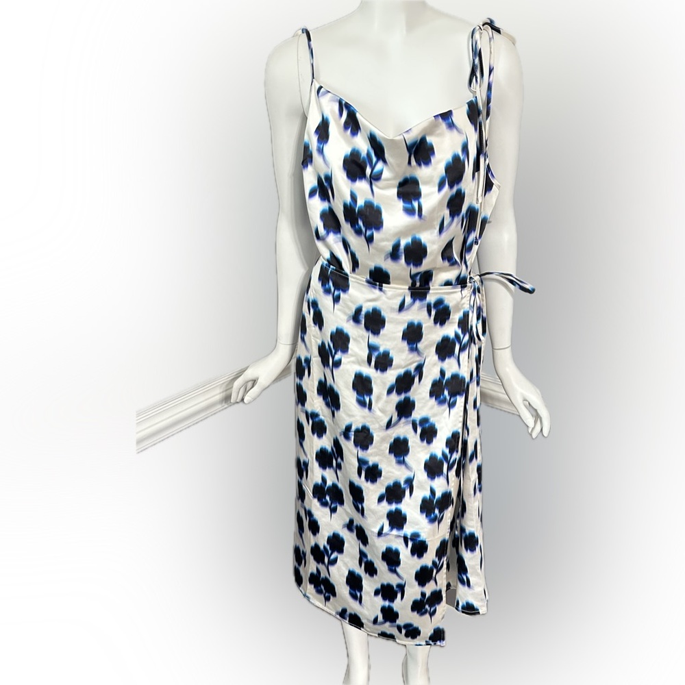 Top Shop Semi Wrap Strappy Midi Slip Dress Blurred Blue Floral‎ Print Size 10